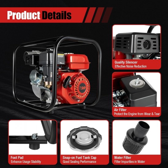 Gasoline Water Pump 7.5 HP 196cc Agricultural Irrigation Transfer Pump High Flow Rate Water Pump for Garden Pool Tunnel, 19.5x14.5x16.7 in,3600r/min