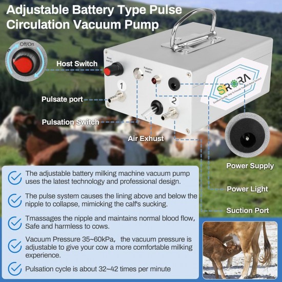 9L Cow Milking Machine, Electric Pulsation Milking Machine for Cow，Rechargeable Battery Powered Speed Portable Pulsation Vacuum Pump with Auto Stop Check Valve (9L Cow-5200mAh Battery)