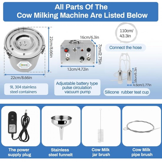 9L Cow Milking Machine, Electric Pulsation Milking Machine for Cow，Rechargeable Battery Powered Speed Portable Pulsation Vacuum Pump with Auto Stop Check Valve (9L Cow-5200mAh Battery)