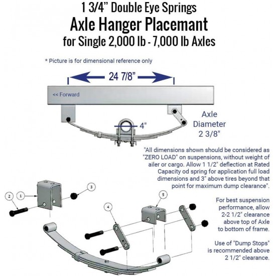 Trailer 4 Leaf Double Eye Spring Suspension and Single Axle Hanger Kit for 2 3/8 Tube - 3500 Pound Axle