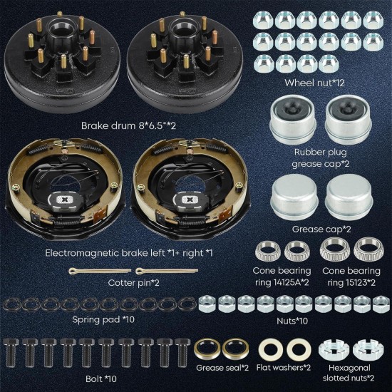 8 on 6.5 Trailer Hub Drum Kit 12 x 2 inch, 8 Hole, 6.5 Bolt Circle, Trailer Electric Brake Drum Assembly for 7,000 lbs. Axle