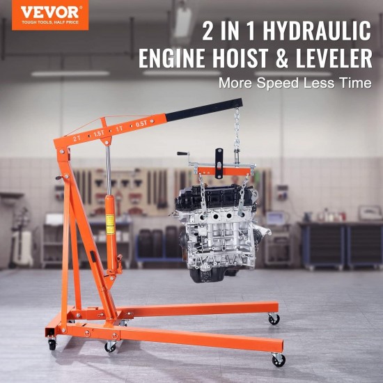 Engine Hoist with Lever, 2 Ton Folding Cherry Picker Shop Crane Hoist Lift, Heavy Duty Hydraulic Engine Crane with 6 Casters, Engine Hoist Lever for Engine Lifting Loading (4400 LBS)