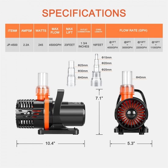 4500GPH Pond pump,Submersible Water Pump,23ft max lift waterfall pump,with barrier bag, used as fountain pump outdoor,for Koi Pond Statuary Pump