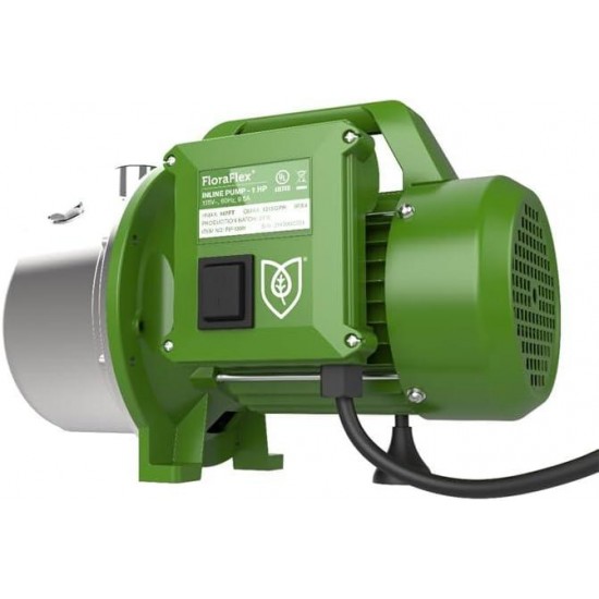 FloraFlex Inline Water Pump - 1 HP, Water pump, Water pump electric, Electric pump, Nominal Voltage - 115V / 60Hz, Max. Flow Rate - 1294 GPH, Max. Height - 147ft