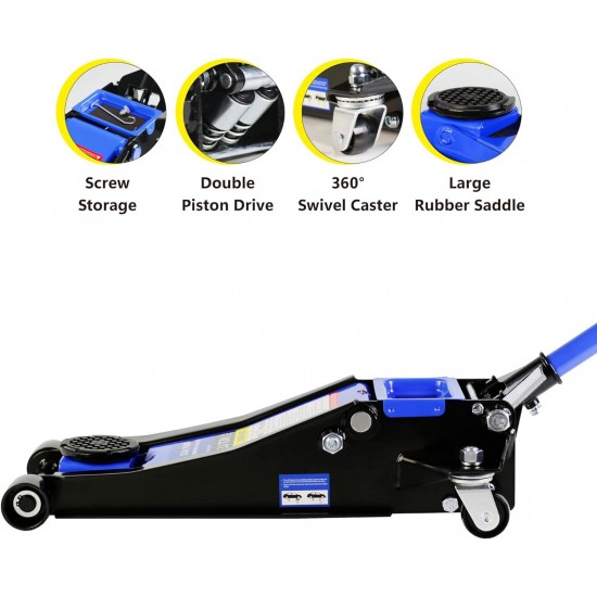 3 Ton Low Profile Floor Jack Capacity 6600 lbs with Dual Piston,Steady Steel Quick Lift Pump 3.3-18.5 Lifting Range Height,Black+Blue