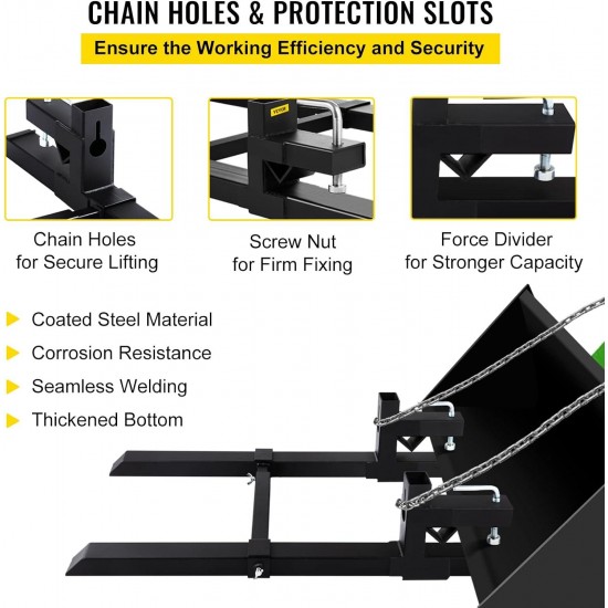 Tractor Bucket Forks 43 4000 Lbs Max, Clamp On Pallet Forks with Adjustable Stabilizer Bar, Heavy Duty Front Loader Forks 60 Total Length, Fork Attachment for Skid Steer,Loader Bucket