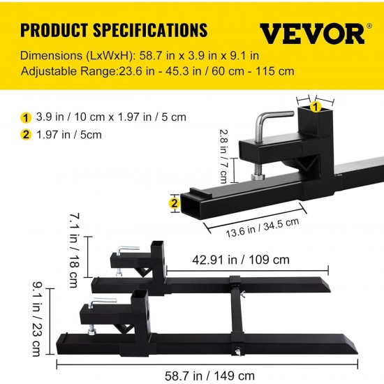 Tractor Bucket Forks 43 4000 Lbs Max, Clamp On Pallet Forks with Adjustable Stabilizer Bar, Heavy Duty Front Loader Forks 60 Total Length, Fork Attachment for Skid Steer,Loader Bucket
