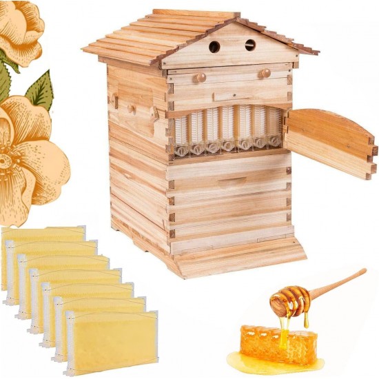 Automatic Hive Beehive Kits, Wooden Flows Bee Hive House kit, Beehive Starter Kit Beehive Boxes with 7 Peices Comb Honey Frames for Beginning and Professional Beekeepers