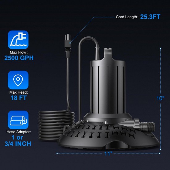 2500GPH Pool Cover Pump Automatic On Off, Submersible Water Pump for Pool Draining, 1/3 HP Pool Water Removal Pump with 25.3FT Power Cord for Swimming Pool, Hot Tubs, Rooftops, Water Beds