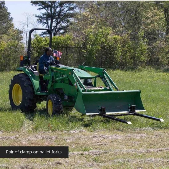 Medium-Duty 60 Clamp-on Pallet Forks with Adjustable Stabilizer Bar, 46 x 4 Fork Length, Rated 4,000 LB, Easy to Install on Loader or Skid Steer Bucket