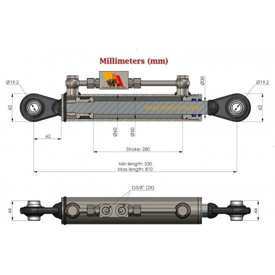 Hydraulic Top Link Cat. 1-1 with Locking Block 20 7/8” - 31 7/8” with 2 x Hose