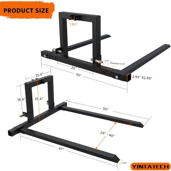 3 Point Hitch Pallet Fork 1500 lbs Capacity Adjustable Pallet Fork Attachments for Category 1 Tractor