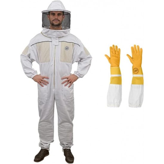 Ventilated Beekeeping Suit with Round Veil and Cowhide Gloves (XX-Large)