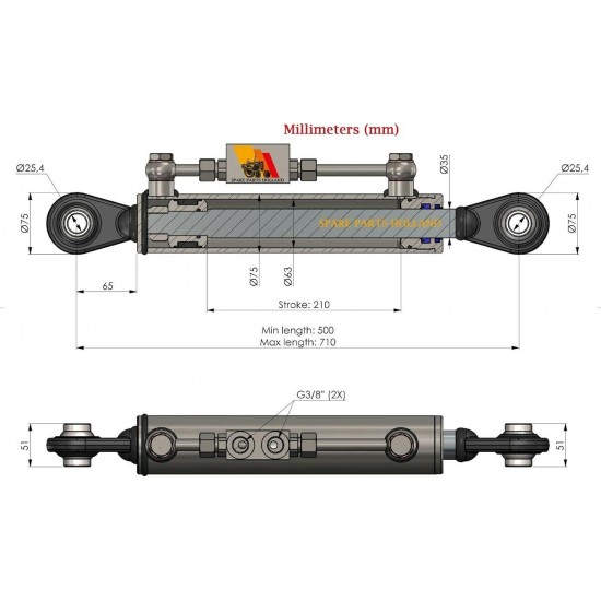 Hydraulic Top Link Cat. 2-2 with Locking Block 19 11/16” - 28” with 2 x Hose