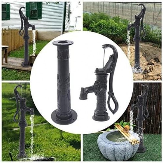 Cast Iron Pitcher Pump and Base, Suction Pump Manual Water Jet Pump Domestic Well Hand Shake Suction Well Pump Groundwater with Base for Home Garden Yard Lift 19.69ft, Black