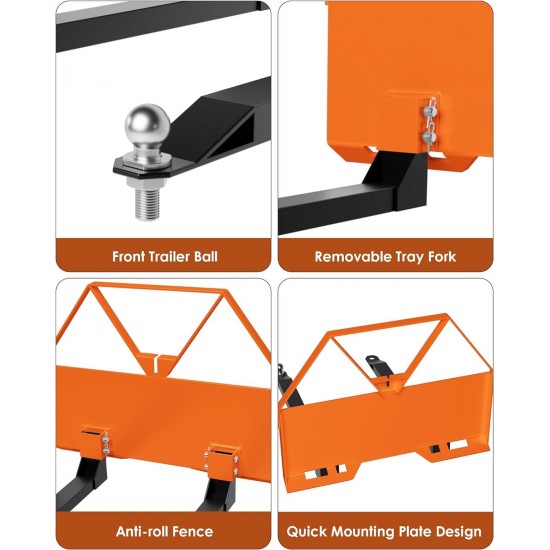 Pallet Fork Attachment, 46 Frame Skid Steer Quick Tach for Loaders Tractors, 2800lbs Skid Steer Forks Quick Attach Mount with Hitch Ball