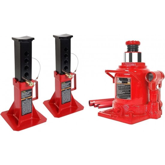 ATZ120005R Torin Heavy Duty Pin Type Professional Car Jack Stand, 12 Ton (26,400 lb) Capacity, Red, 1 Pair & T92007A Torin Hydraulic Stubby Low Profile Welded Bottle Jack, 20 Ton, Red