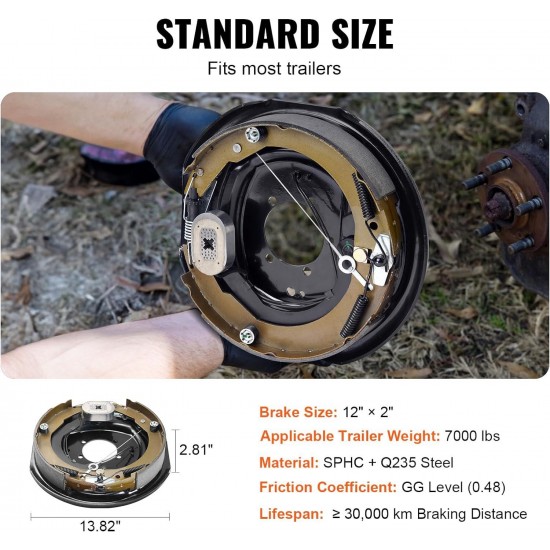 Electric Trailer Brake Assembly, 12 x 2, 2 Pairs Self-Adjusting Electric Brakes Kit for 7000 lbs Axle, 5-Hole Mounting, Backing Plates for Braking System Part Replacement (2 Right + 2 Left)