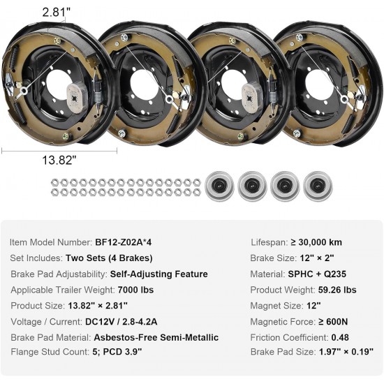 Electric Trailer Brake Assembly, 12 x 2, 2 Pairs Self-Adjusting Electric Brakes Kit for 7000 lbs Axle, 5-Hole Mounting, Backing Plates for Braking System Part Replacement (2 Right + 2 Left)