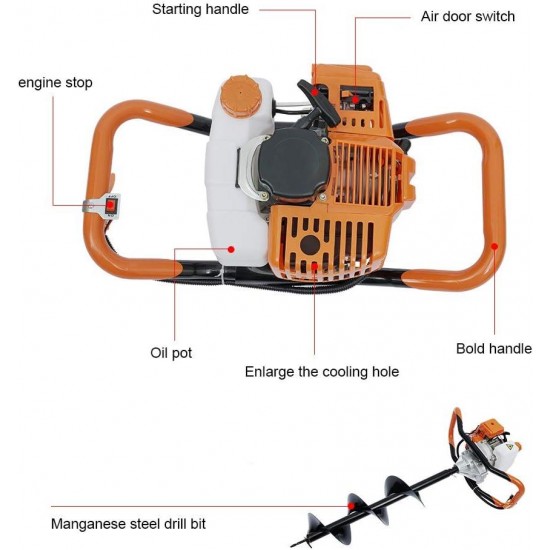 52cc Gas Powered Post Hole Digger Auger + 12 Extension Bar + 4 6 8 Bits - Orange