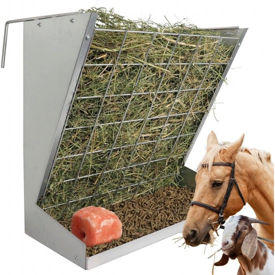 Solution4Patio Galvanized Steel Livestock Hanging 2 in 1 Hay & Grain Feeder, Heavy-Duty Large Capacity Feeder W/Adjustable Hooks for Different Stall, Corral, Hay Feeder for Goats, Sheep, Horse