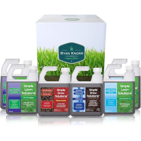 Ryan Knorr - Lawn Essentials Bundle Box - 6 Piece Set- Lawn Food 16-4-8 NPK, Lawn Energizer Booster, Root Hume- Humic Acid, Soil Hume- Seaweed, Humic Acid (32 Ounce Bundle)