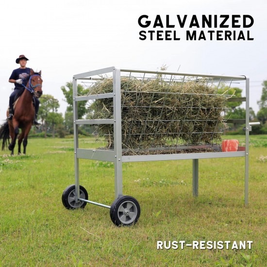 Solution4Patio Galvanized Steel Livestock Feeder W/Wheels, 2 in 1 Hay & Grain/Salt Feeder, Heavy-Duty Large Capacity Sheep Feeding Cart, Easy to Clean for Goats, Sheep, Horse, Ponies #B808A01-US2