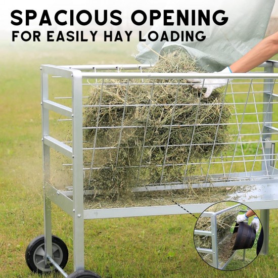 Solution4Patio Galvanized Steel Livestock Feeder W/Wheels, 2 in 1 Hay & Grain/Salt Feeder, Heavy-Duty Large Capacity Sheep Feeding Cart, Easy to Clean for Goats, Sheep, Horse, Ponies #B808A01-US2