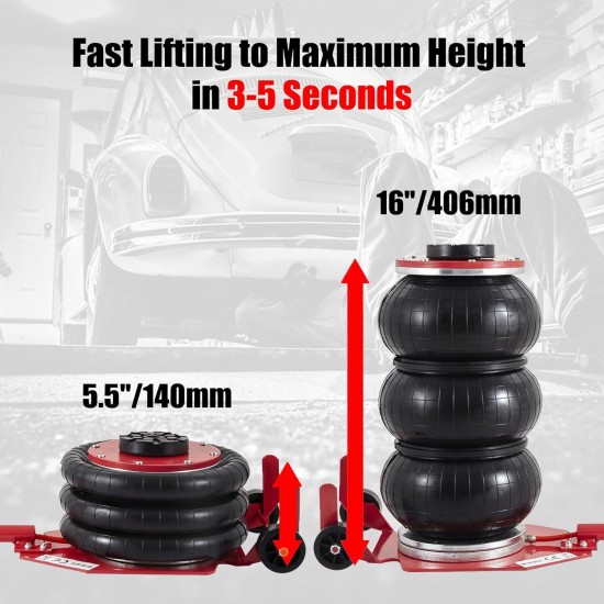 3 Ton/6600LBS Triple Bag Air Jack Fast Lifting Pneumatic Car Repair Inflatable Bladder Jack with Long Hand, Lifting Height Up to 15.75 Inch