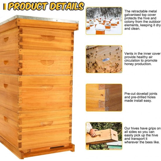 Bee Hive Starter Kit, 10 Frame Bee Hives,Hive Include 2 Deep Bee Box 2 Medium Beehive Box with Bee Frames and Wax Foundation,Unassembled Beehive Starter Kit