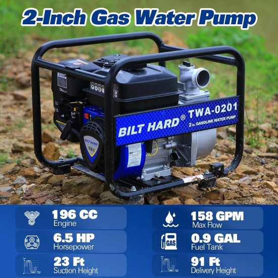 Semi Trash Pump 2 inch, 158 GPM 6.5HP Gas Powered Water Pump, 196cc 4-Cycle Engine with 50 ft Discharge Hose, 12 ft Suction Hose and Complete Fittings, EPA Certified