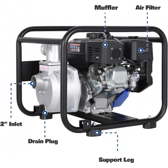 Semi Trash Pump 2 inch, 158 GPM 6.5HP Gas Powered Water Pump, 196cc 4-Cycle Engine with 50 ft Discharge Hose, 12 ft Suction Hose and Complete Fittings, EPA Certified