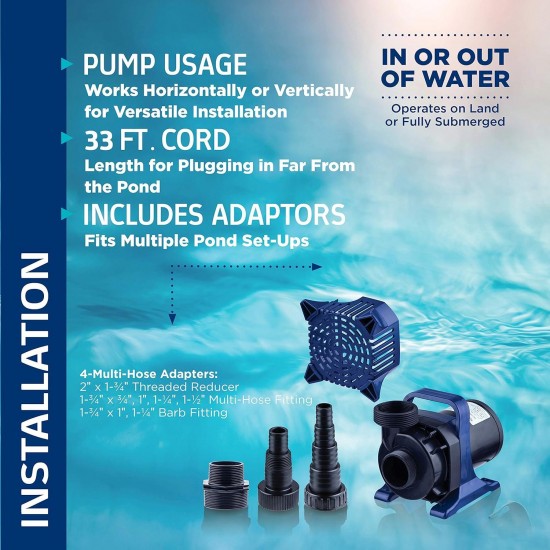 8000 GPH Submersible Water Pump with 33 FT Cord and Adapters for Ponds, Fountains, Waterfalls, and Water Circulation, 540 Watts 26 FT Lift Quiet Operation Vertical/Horizontal