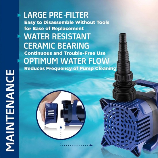 8000 GPH Submersible Water Pump with 33 FT Cord and Adapters for Ponds, Fountains, Waterfalls, and Water Circulation, 540 Watts 26 FT Lift Quiet Operation Vertical/Horizontal