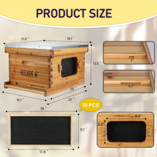 10-Frame Beehive Starter Kit with Window for Beekeeping - Double Wax Coated Bee Hive Box Kits for Beginners - Supplies-All Complete Honey Bees Hives Keeping Tool Set for Bee Keeper