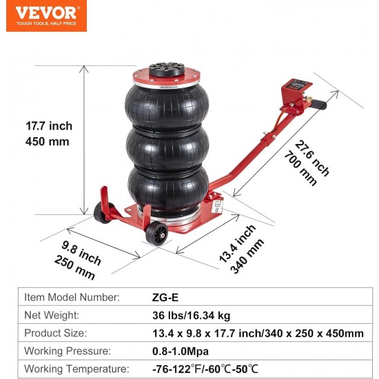 Air Jack, 3 Ton/6600 lbs Triple Bag Air Jack, Airbag Jack with Six Steel Pipes, Lift up to 17.7 inch/450 mm, 3-5 s Fast Lifting Pneumatic Jack, with Long Handles for Cars, Garages, Repair, (Red)