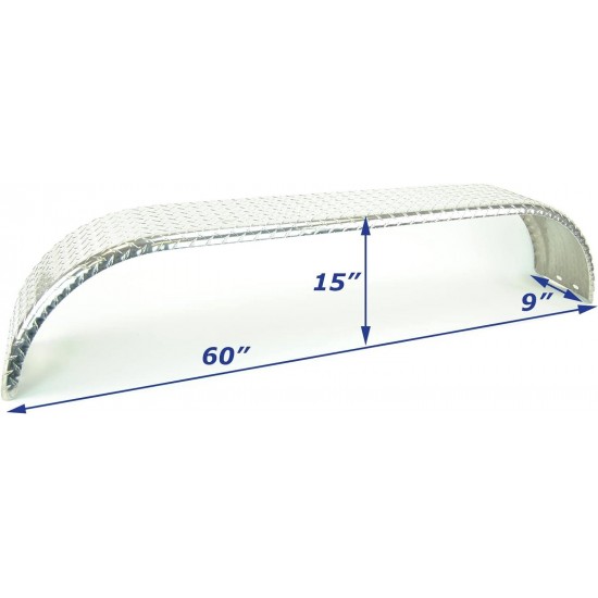 2)- Aluminum Diamond Plate 14 Gauge Utility or Boat Trailer Fenders 9'' x 60'' x 15'', Silver, (22940-2)