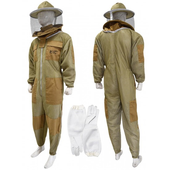 Ultra Ventilated Bee Suit Beekeepers 3 Layer Beekeeping Suit Coverall Sting Resistant Apiarist Suit for Men & Women with Pair of Gloves (XL, Khaki Round Veil)