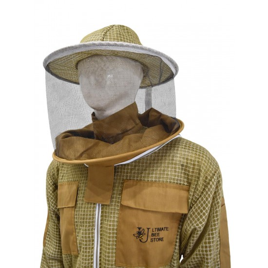 Ultra Ventilated Bee Suit Beekeepers 3 Layer Beekeeping Suit Coverall Sting Resistant Apiarist Suit for Men & Women with Pair of Gloves (XL, Khaki Round Veil)