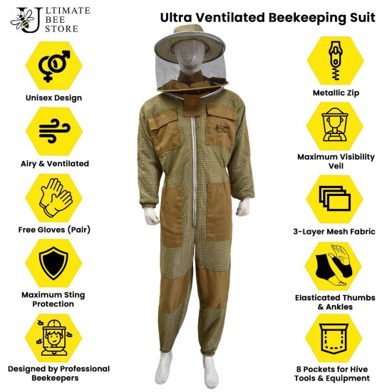 Ultra Ventilated Bee Suit Beekeepers 3 Layer Beekeeping Suit Coverall Sting Resistant Apiarist Suit for Men & Women with Pair of Gloves (XL, Khaki Round Veil)