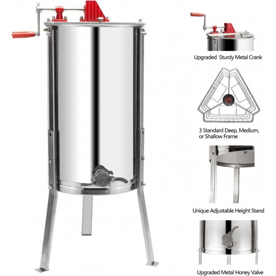 Upgraded 3 Frame Honey Extractor Separator, Food Grade Stainless Steel Honeycomb Spinner Drum Manual Crank with Adjustable Height Stands,Beekeeping Pro Extraction Apiary Centrifuge Equipment