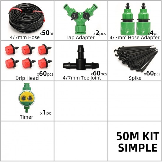 50M Self Automatic Garden Watering System Water Drip Irrigation System Plant Watering Kit Irrigation Drippers Mist Set Lucky (Color : 50 M kit Timer)