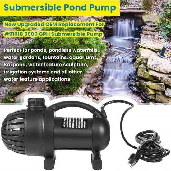 91018 3000 GPH Submersible Water Pump for Pond Waterfall Fountain Hydroponics Aquarium Skimmers Filter System Fish Tank Koi Pool Up To 3000 Gallons with 20FT Cord, 165W, 15FT High Lift