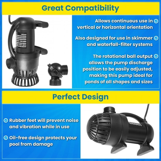 91018 3000 GPH Submersible Water Pump for Pond Waterfall Fountain Hydroponics Aquarium Skimmers Filter System Fish Tank Koi Pool Up To 3000 Gallons with 20FT Cord, 165W, 15FT High Lift