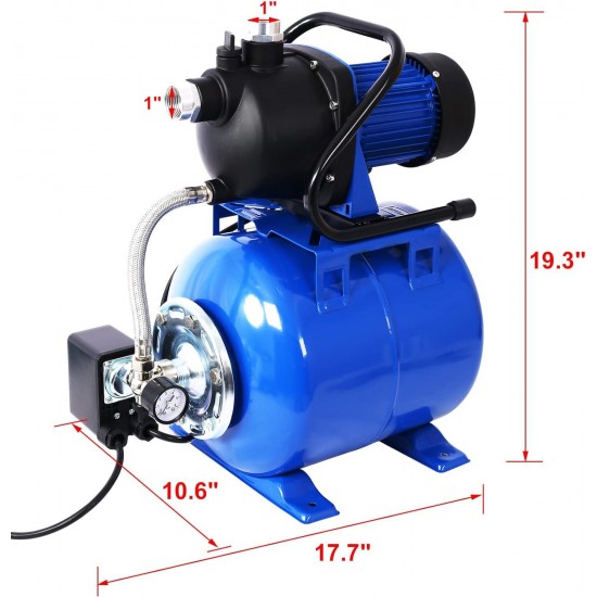 1.6HP Shallow Well Pump with Pressure Tank - Efficient and Durable Water Booster Pump for Home Garden Lawn Farm Irrigation (Blue)