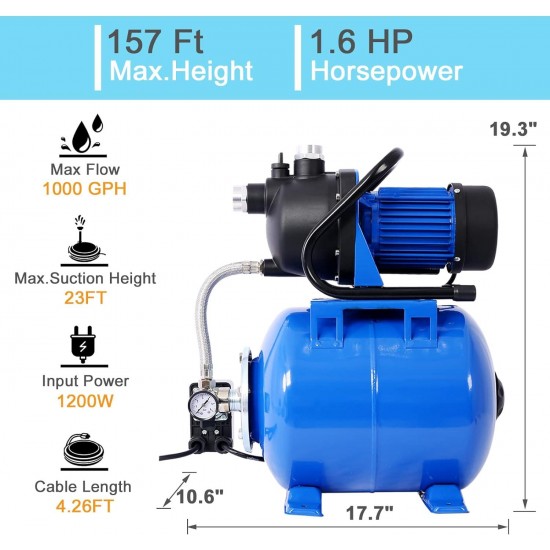 1.6HP Shallow Well Pump with Pressure Tank - Efficient and Durable Water Booster Pump for Home Garden Lawn Farm Irrigation (Blue)