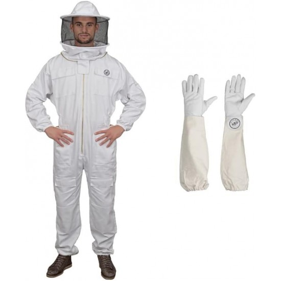 Polycotton Beekeeping Suit with Round Veil and Goatskin Gloves (X-Large)