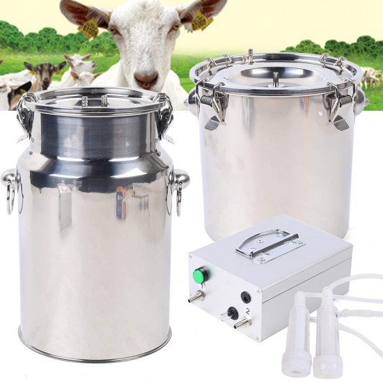 Electric Milking Machine Dual Head Pulsation Vacuum Pump Milker Stainless Steel Livestock Milking Equipment Milker Pulsation for Goats, Cows (5L/1.3Gal)