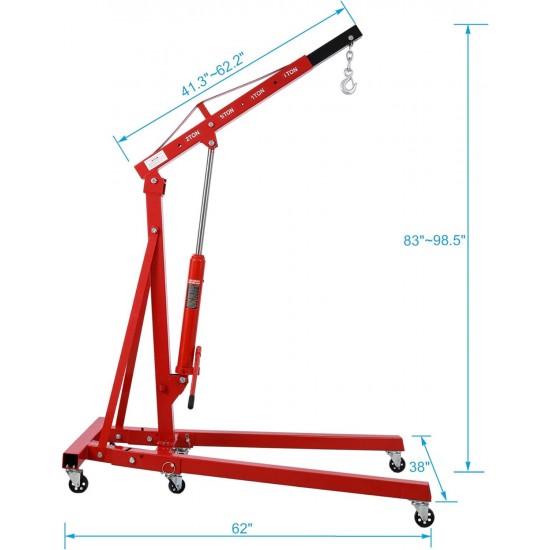 2 Ton(4000lbs) Folding Engine Hoist Cherry Picker, Shop Crane Hoist Lifter, Heavy Duty Steel with 6 Iron Caster Wheels (Red)