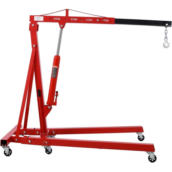 2 Ton(4000lbs) Folding Engine Hoist Cherry Picker, Shop Crane Hoist Lifter, Heavy Duty Steel with 6 Iron Caster Wheels (Red)